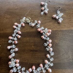 Stunning and Elegant Rose Pink Freshwater Pearls and Silver crystals Jewelry Set